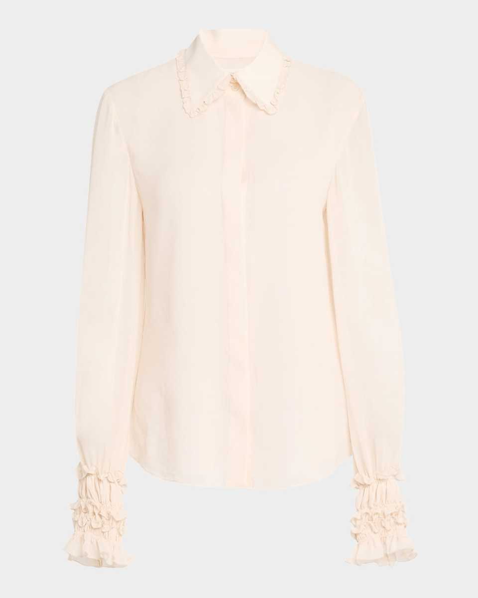 Ruffle-Trim Silk Blouse